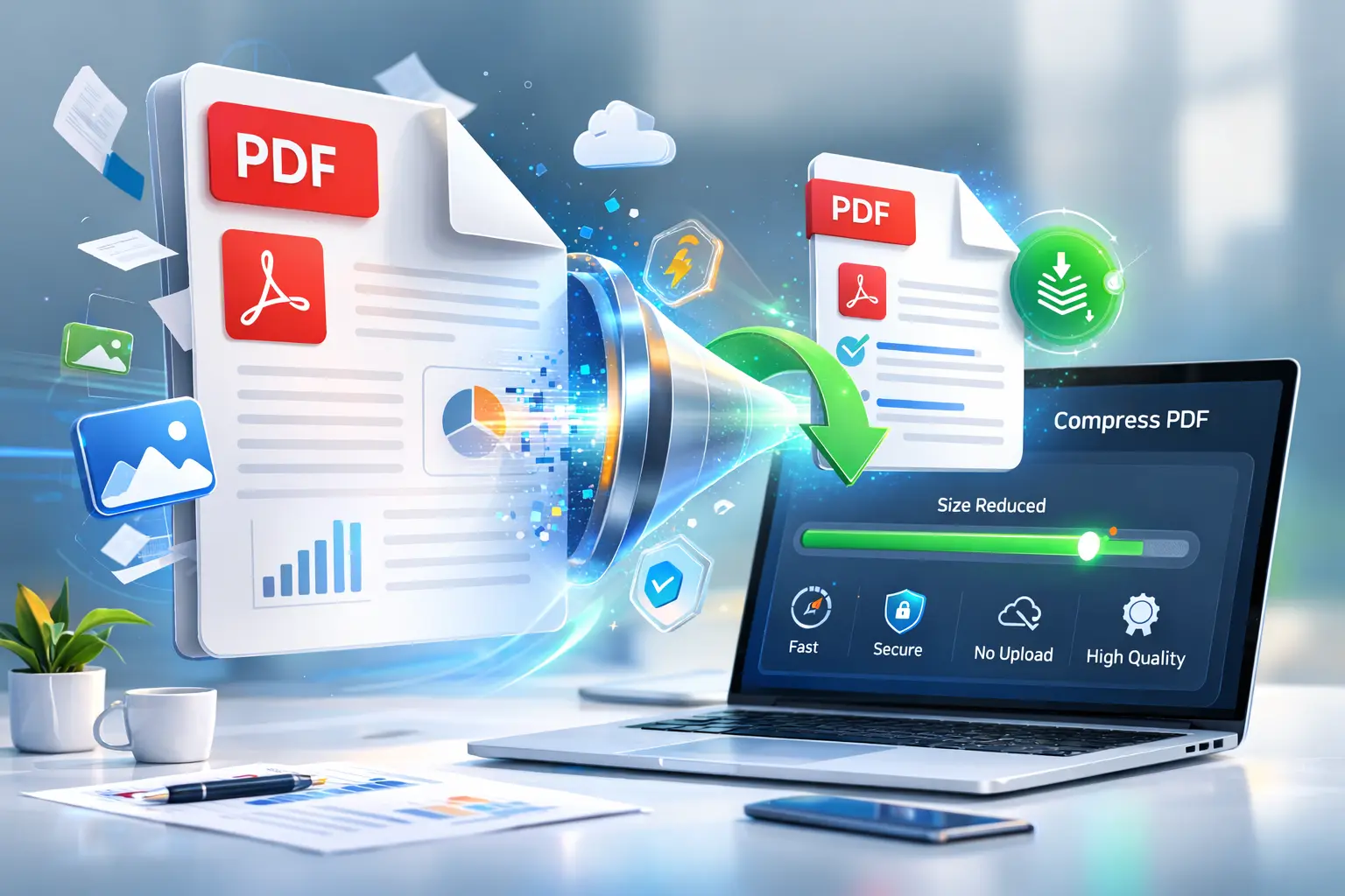 Compress PDF online tool illustration showing large PDF file reduced into smaller optimized file