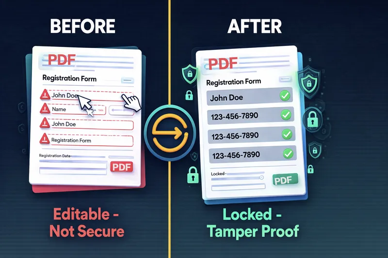 Before and after flattening a PDF form - interactive fields vs static text comparison