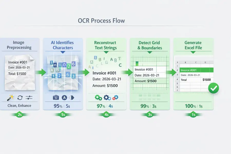 OCR conversion pipeline showing preprocessing, character recognition, text assembly, and table detection