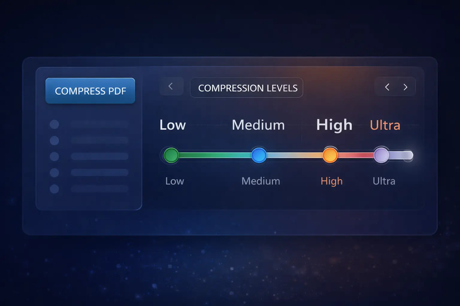 PDF compression levels interface showing low medium high and ultra compression options