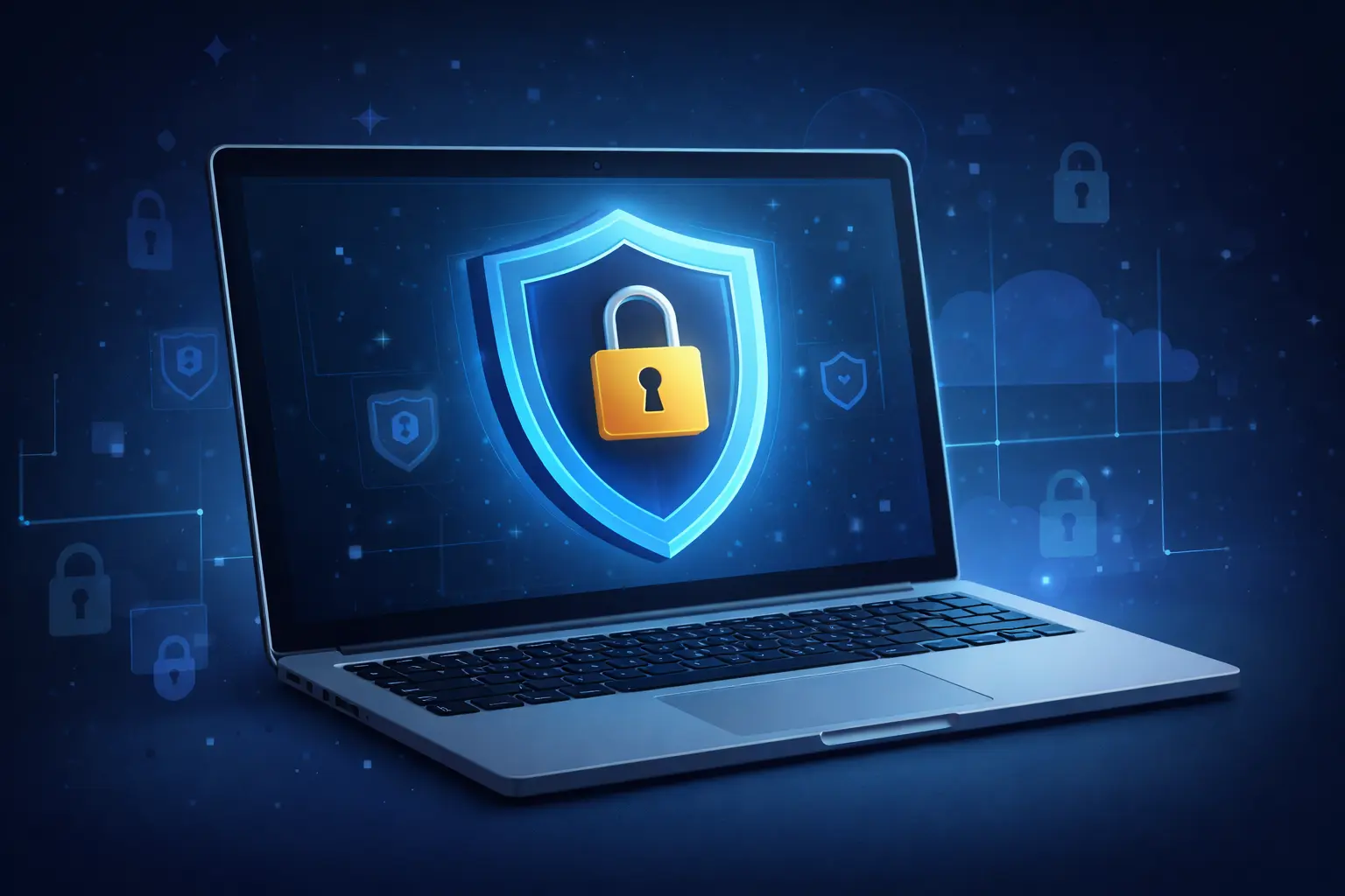 Secure PDF compression client side processing illustration showing laptop with security shield