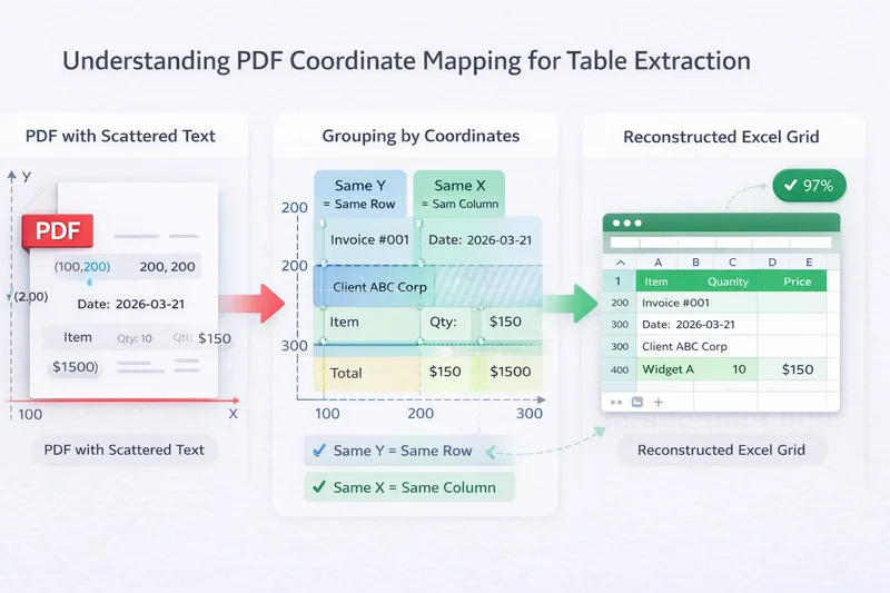 Coordinate mapping diagram showing how PDF text coordinates are converted to Excel rows and columns