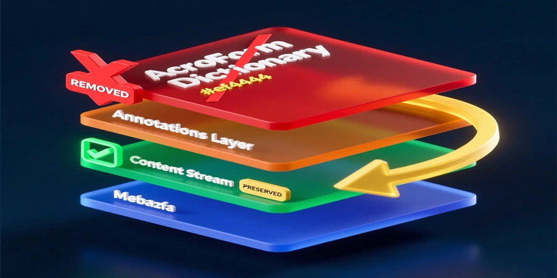 PDF document layer structure showing AcroForm dictionary, annotations, and content stream layers