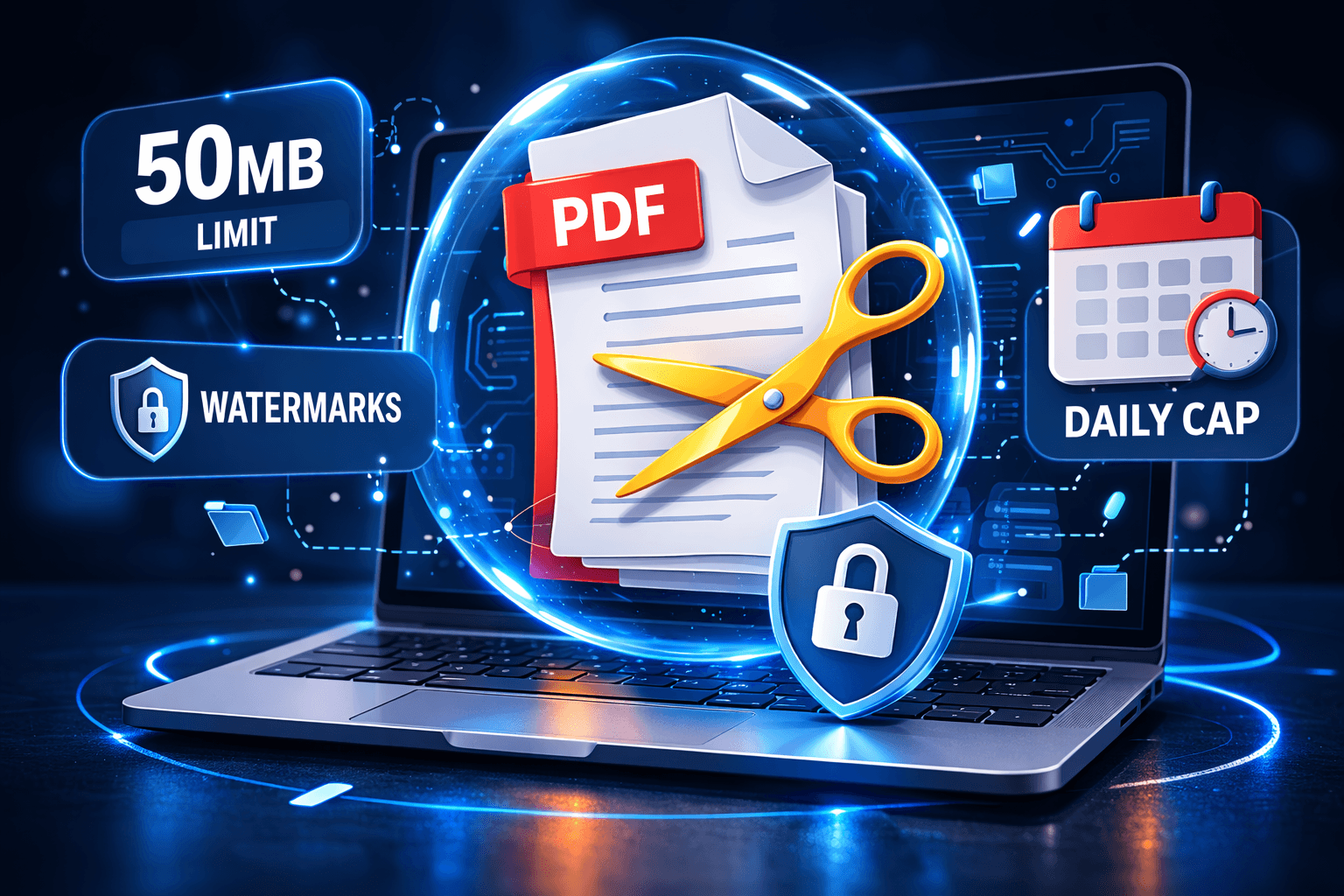 PDF splitter limits – 50MB cap, watermarks, daily caps